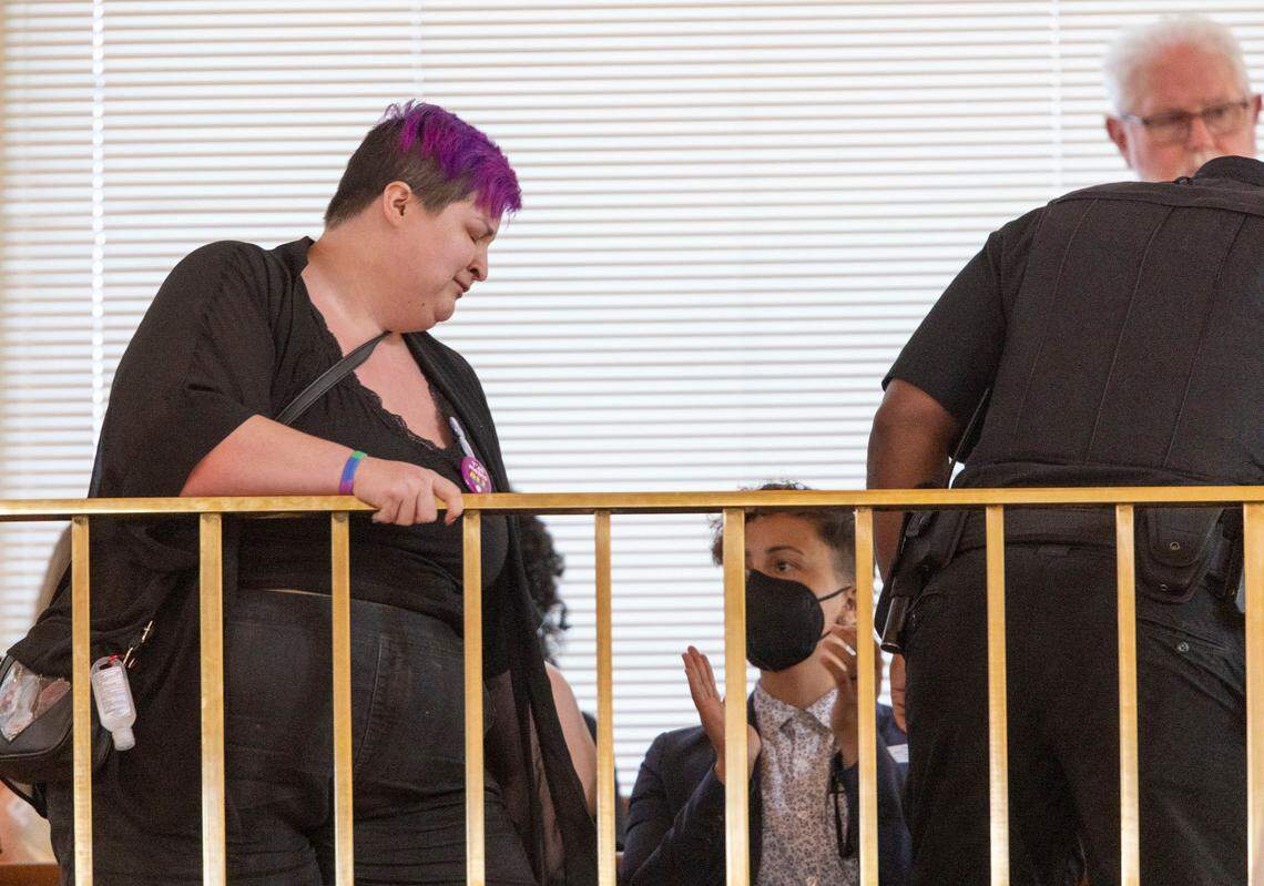 A demonstrator that opposed passage of HB 755 is asked to leave the gallery after interrupting the session, forcing them to take a recess, following passage of the bill on Wednesday, June 1, 2022 at the General Assembly in Raleigh, N.C.