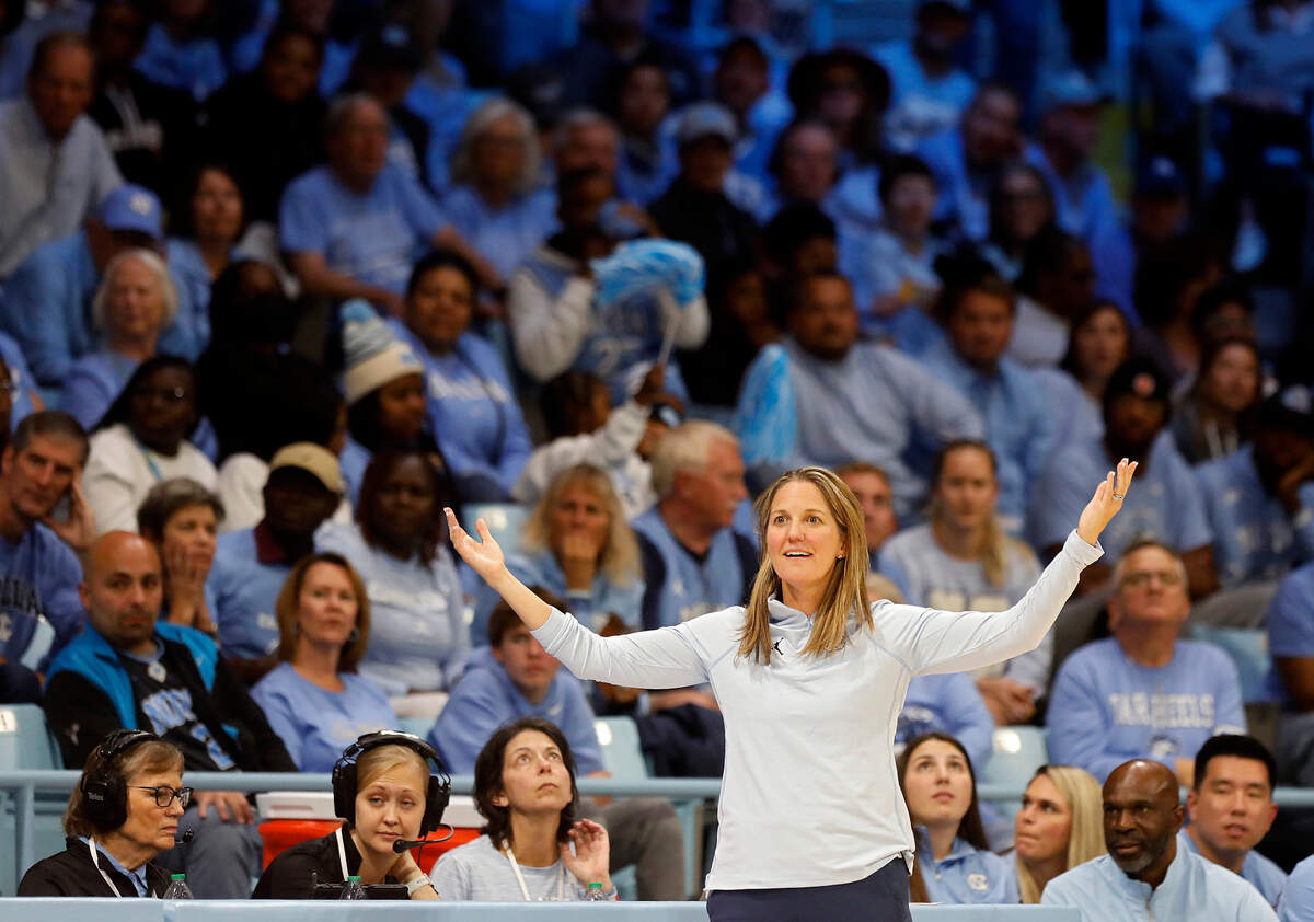 North Carolina head coach Courtney Banghart reacts to call during the second half of the Tar Heels’ 65-58 loss to South Carolina on Thursday, Nov. 30, 2023, at Carmichael Arena in Chapel Hill, N.C.