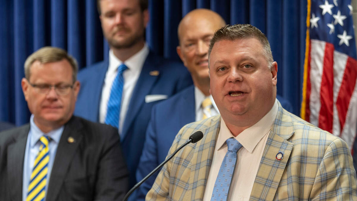Rep. Jason Saine speaks during a press briefing at the North Carolina General Assembly in June 2022. Saine is a primary sponsor of a bill that would restrict ESG investing in the state pension.