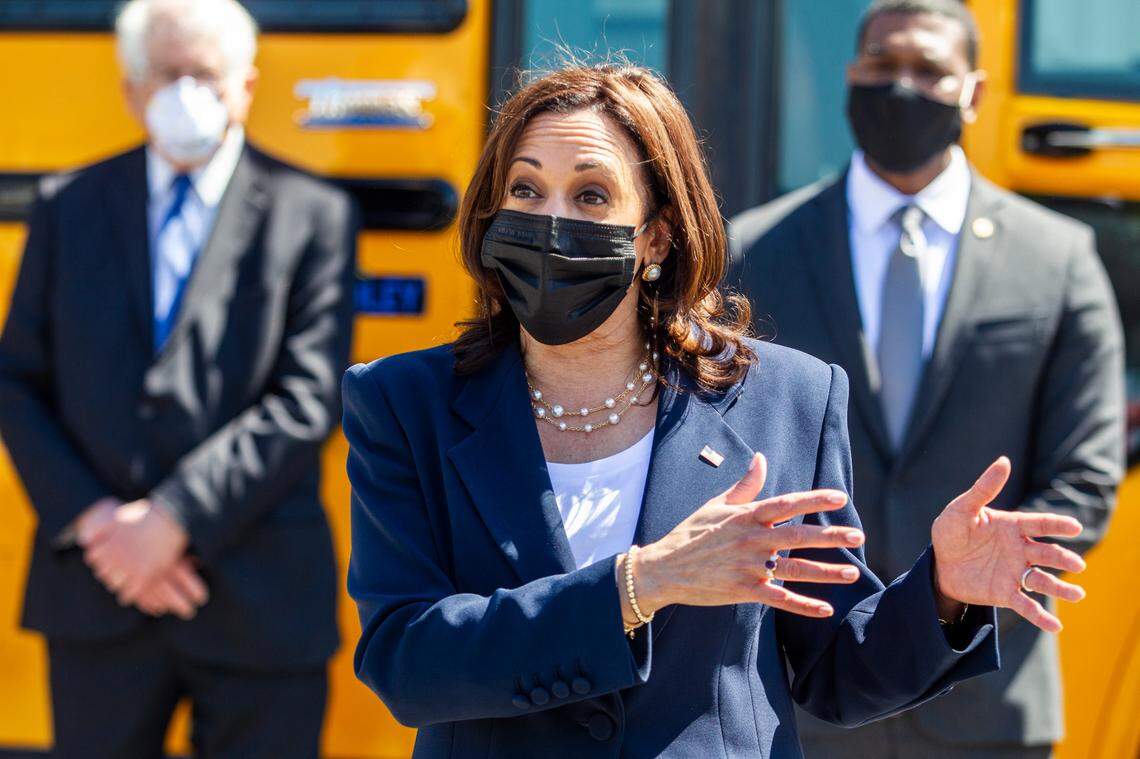 Vice President Kamala Harris takes questions from reporters while touring a Thomas Built Buses factory in High Point, NC, on Monday, April 19, 2021. Harris visited North Carolina to pitch the Biden administration’s infrastructure plan.