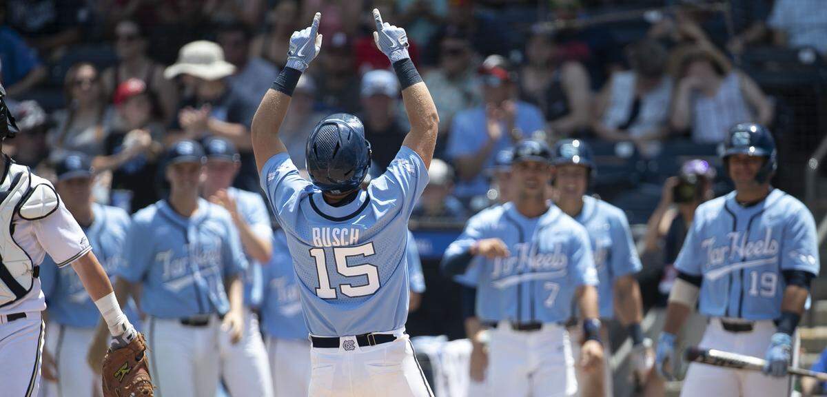 North Carolina’s Michael Busch (15) celebrates after for a home run in the seventh inning to give the Tar Heels’ a 6-1 lead over Georgia Tech during the ACC Baseball Championship game on Sunday, May 26, 2019 at Durham Bulls Athletic Park in Durham, N.C.