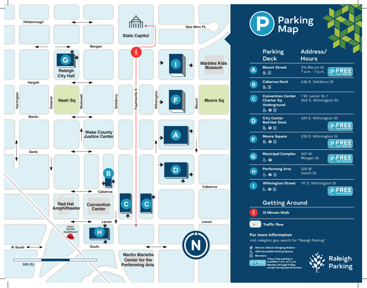 A map of Raleigh’s city-owned parking garages in the downtown area.