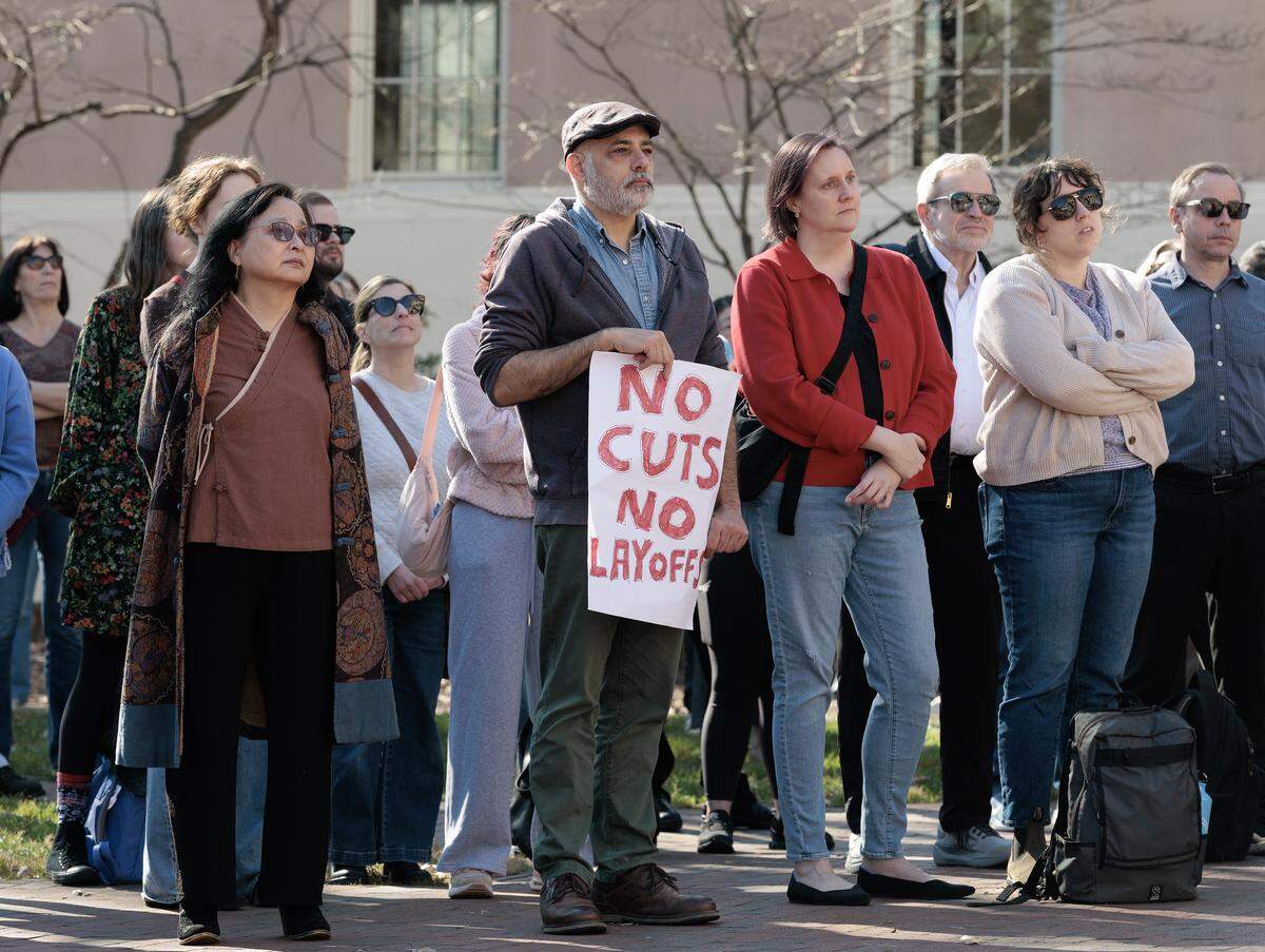 People gather near South Building at UNC-Chapel Hill on Wednesday, Jan. 7, 2026, for a protest held in response to the potential closure of six university study centers that focus on international history, politics and cultures.