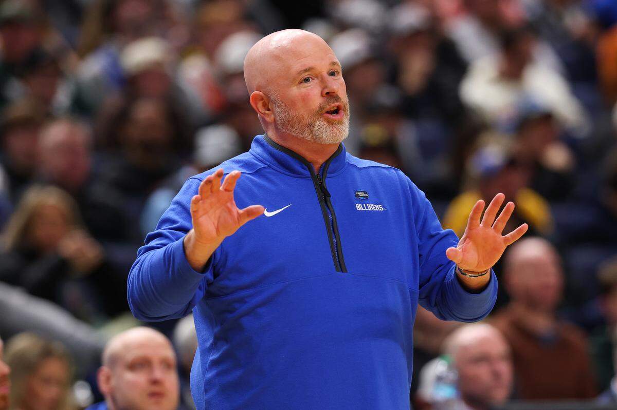 Head coach Josh Schertz of the Saint Louis Billikens reacts to play against the Georgia Bulldogs during their game in the first round of the 2026 NCAA Men's Basketball Tournament at KeyBank Center on March 19, 2026 in Buffalo, New York.