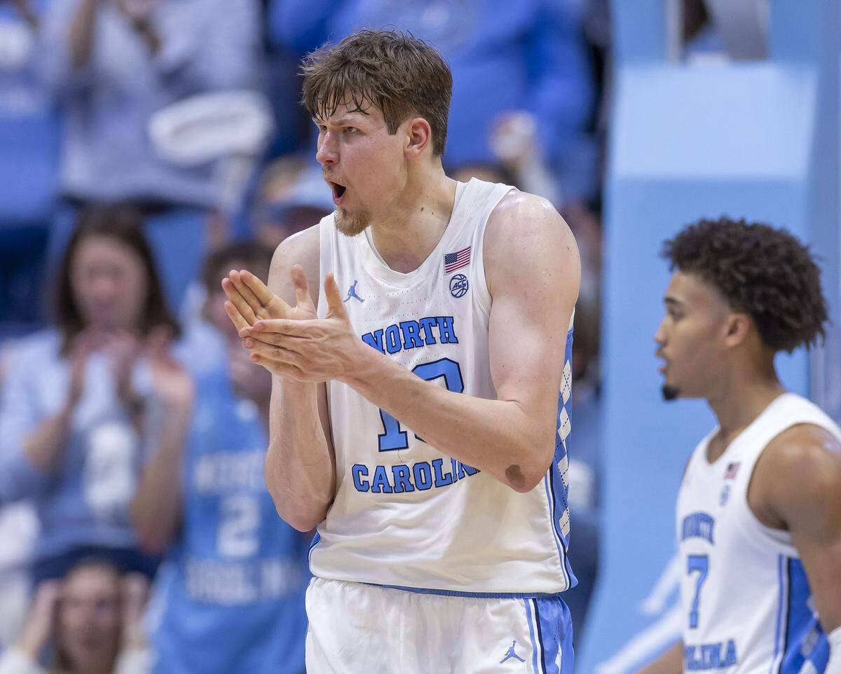 North Carolina center Henri Veesaar (13) reacts after sinking a three-pointer against Wake Forest on Jan. 10 at the Smith Center in Chapel Hill. Veesaar scored 25 points in the Tar Heels’ 87-84 victory.