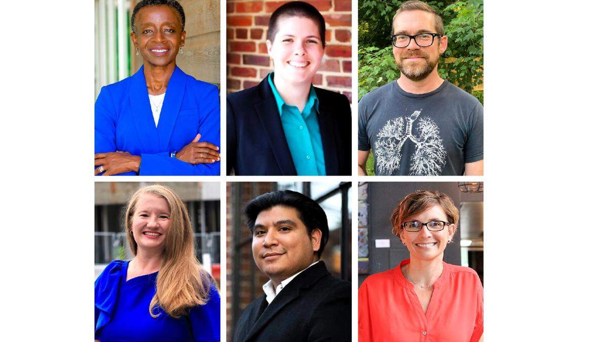 Carrboro’s 2023 ballot includes unopposed mayoral candidate Barbara Foushee (top, from left), and Town Council candidates Catherine Fray, Jason Merrill, April Mills (bottom, from left), Eliazar Posada and Stephanie Wade.