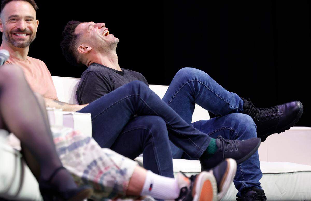 Jon Bernthal laughs as cast members from Daredevil speak at GalaxyCon in Raleigh, N.C., Saturday, July 27, 2024.