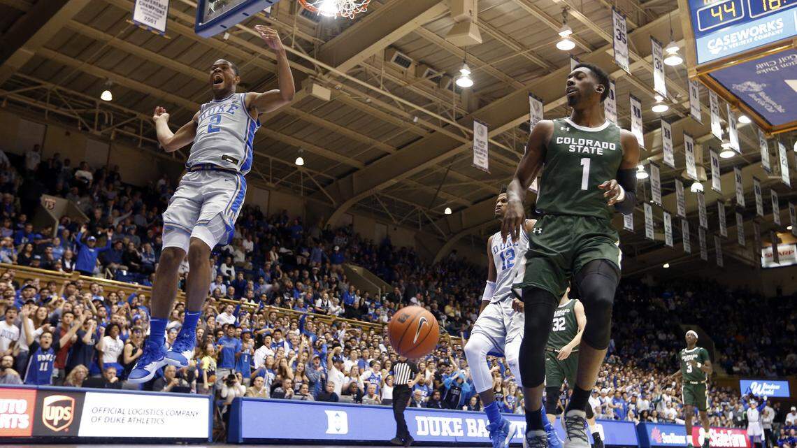 Duke’s Cassius Stanley (2) celebrates after slamming in two during Duke’s 89-55 victory over Colorado State at Cameron Indoor Stadium in Durham, N.C., Friday, Nov. 8, 2019.