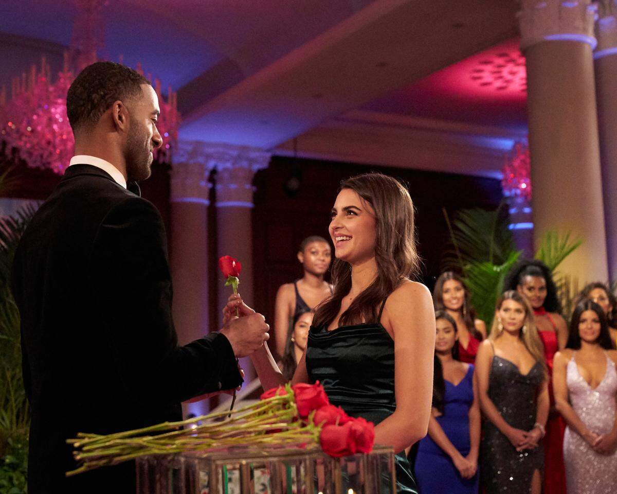 Matt James with Rachael Kirkconnell in the Jan. 4, 2021, Season 25 premiere of “The Bachelor” on ABC.