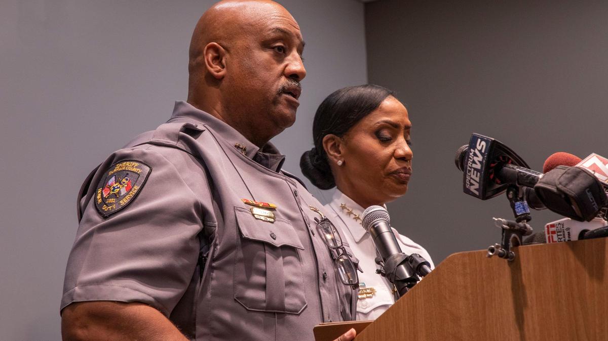 Durham County Sheriff Clarence Birkhead, left, and Durham Police Chief C.J. Davis, stand together to answer questions after a press conference held by a coalition of local law enforcement agencies to address the increase in violent crime in the recent weeks, including the death of 9-year-old Z-yon Person four days prior, on Thursday, Aug. 22, 2019, at the Durham Police Headquarters in Durham, NC.