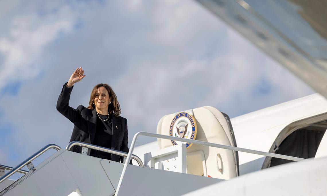 Vice President Kamala Harris prepares to depart Raleigh-Durham International Airport following a rally at Coastal Credit Union Music Park at Walnut Creek in Raleigh on Wednesday, Oct. 30, 2024.