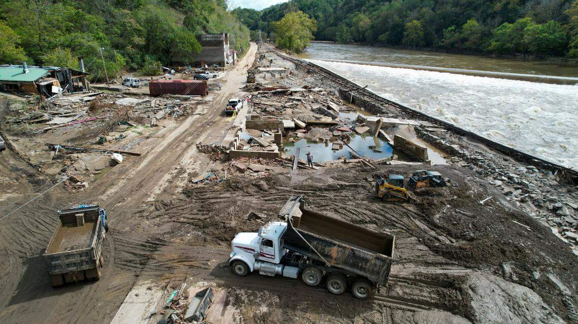 An aerial view of downtown Marshall on Tuesday, Oct. 1, 2024 after the French Broad River caused catastrophic flooding. The remnants of Hurricane Helene caused widespread flooding, downed trees, and power outages in western North Carolina.