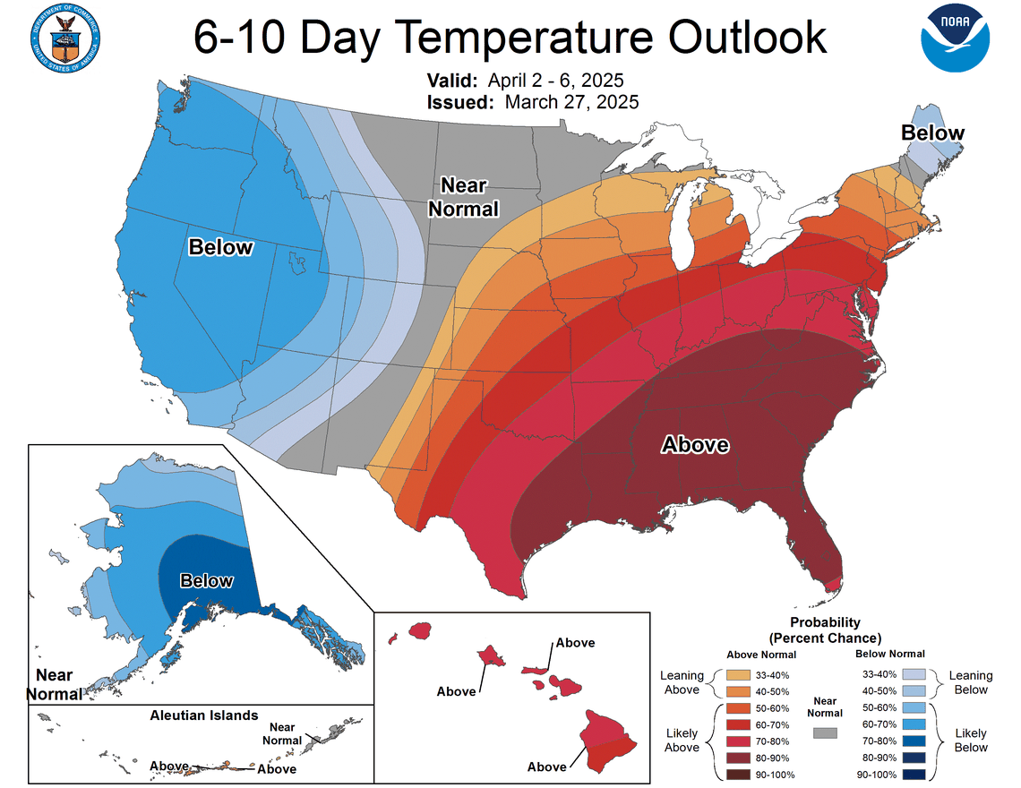 Higher-than-average temperatures are expected to continue through the first week of April 2025 in North Carolina. A cold front expected next week could bring some rain to help firefighters control wildfires burning on more than 7,000 acres in the western part of the state.