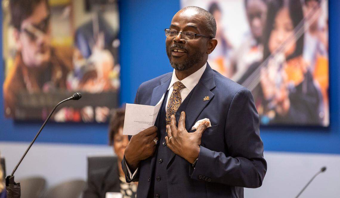 Dr. Robert Taylor addresses the school board and attendees after being sworn in as Wake County’s new superintendent of schools on Friday, September 29, 2023 in Cary, N.C.