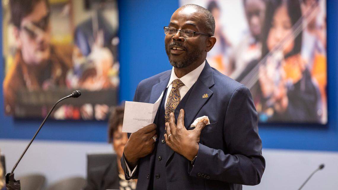 Dr. Robert Taylor addresses the school board and attendees after being sworn in as Wake County’s new superintendent of schools on Friday, September 29, 2023 in Cary, N.C.