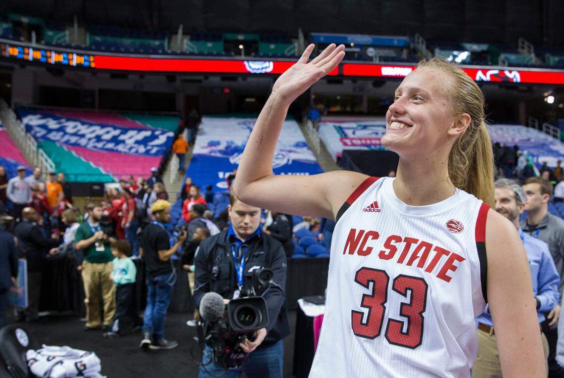 North Carolina State’s Elissa Cunane waves to fans after the team’s win over Florida State during an NCAA college basketball game in the Atlantic Coast Conference women’s tournament in Greensboro, N.C., Friday, March 8, 2019.