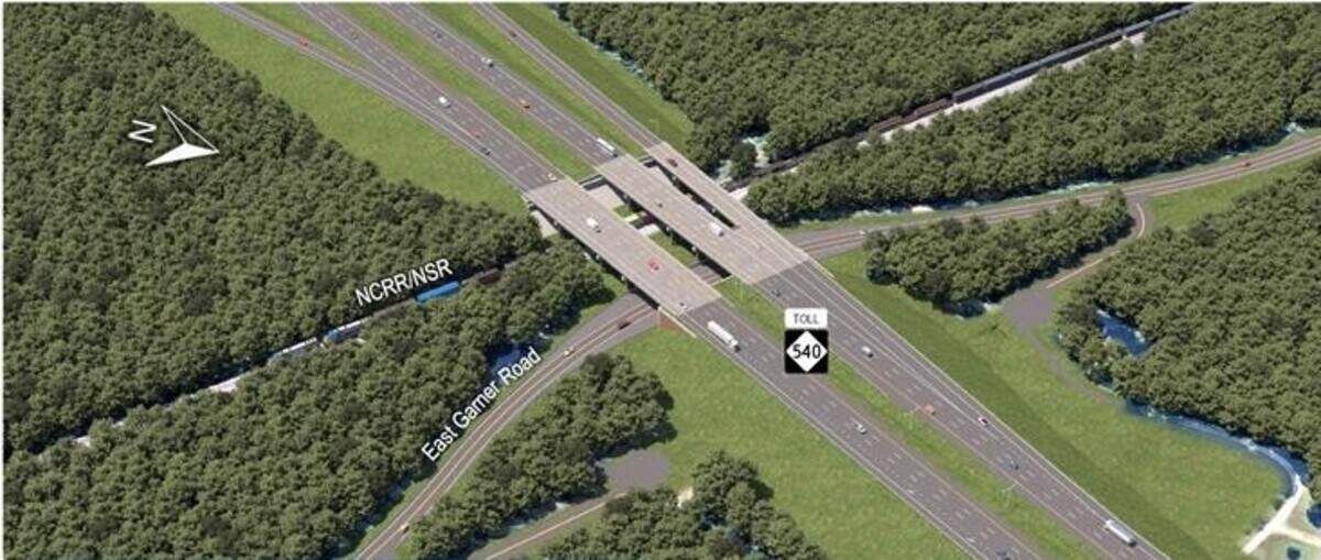 A rendering showing how East Garner Road is being realigned closer to the N.C. Railroad tracks so both can pass under a single bridge at N.C. 540 in southeastern Wake County.