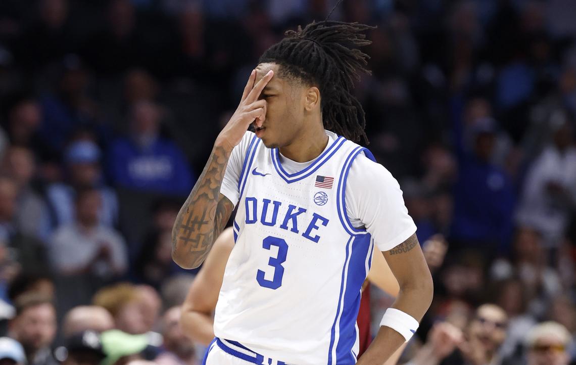 Duke’s Isaiah Evans (3) celebrates making a three-pointer during the first half of Duke’s game against Florida State in the quarterfinals of the 2026 ACC Men’s Basketball Tournament at the Spectrum Center in Charlotte, N.C., Thursday, March 12, 2026.