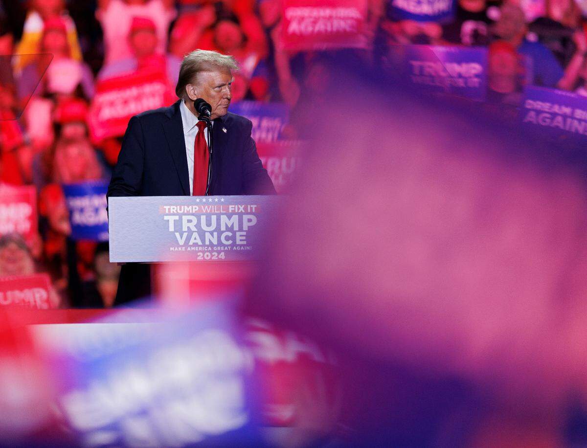 Former President and Republican presidential candidate Donald Trump speaks during a campaign rally at First Horizon Coliseum in Greensboro, N.C. on Saturday, Nov. 2, 2024.