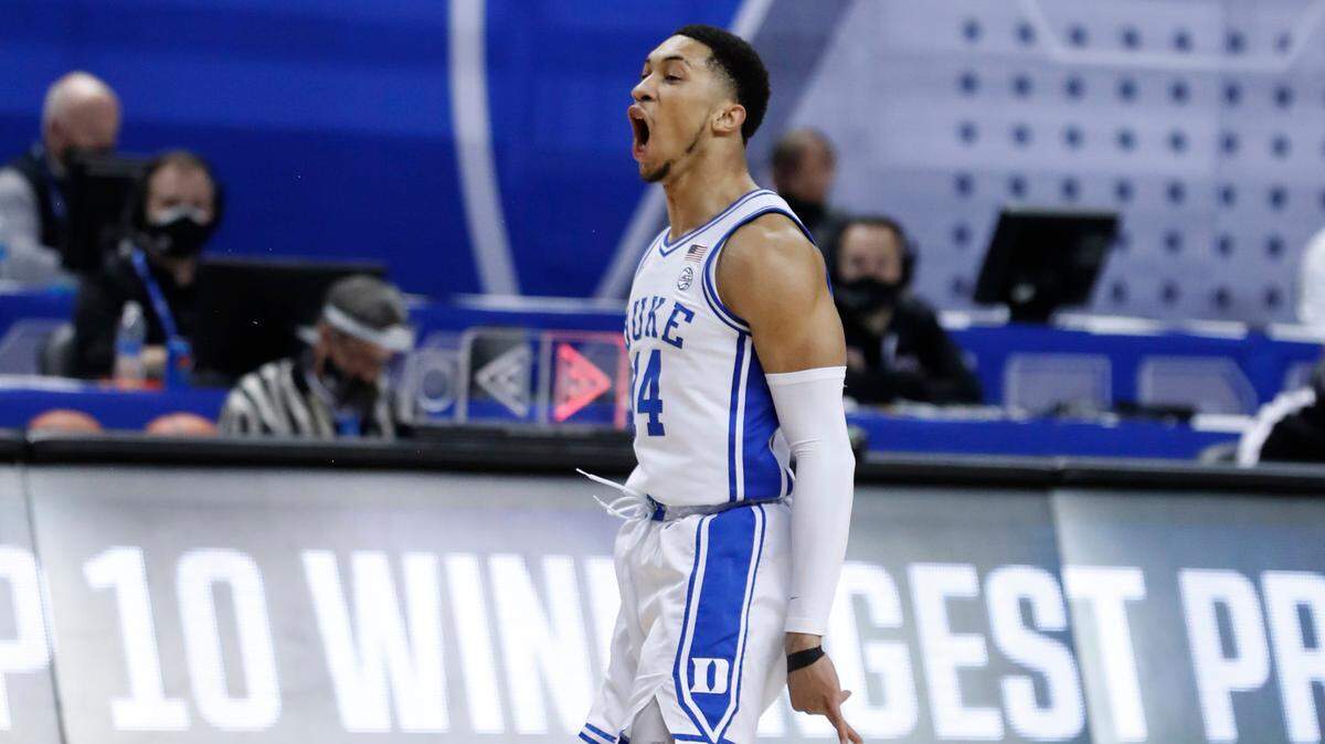 Duke’s Jordan Goldwire (14) celebrates making a three-pointer during the second half of Duke’s 86-51 victory over Boston College in the first round of the ACC Men’s Basketball Tournament in Greensboro, N.C., Tuesday, March 9, 2021.
