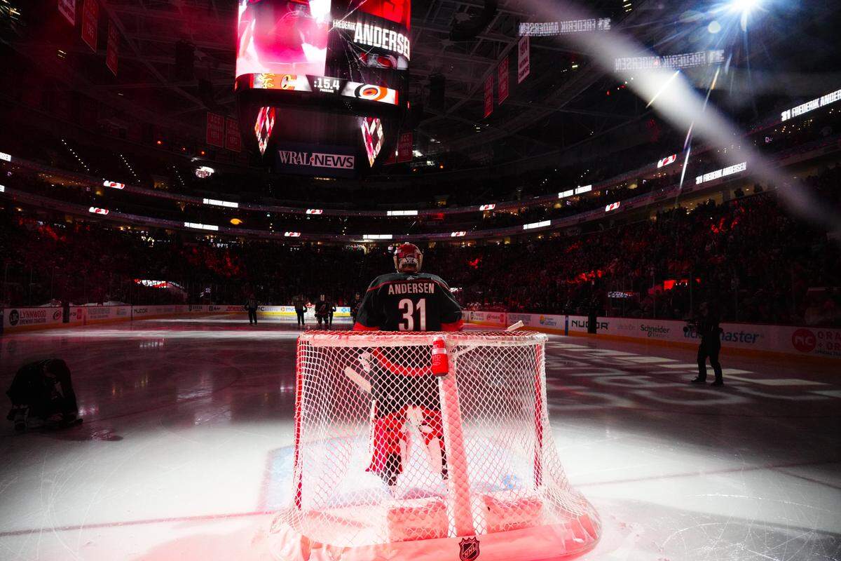 Carolina Hurricanes goaltender Frederik Andersen (31) looks on before the game against the Calgary Flames at PNC Arena.