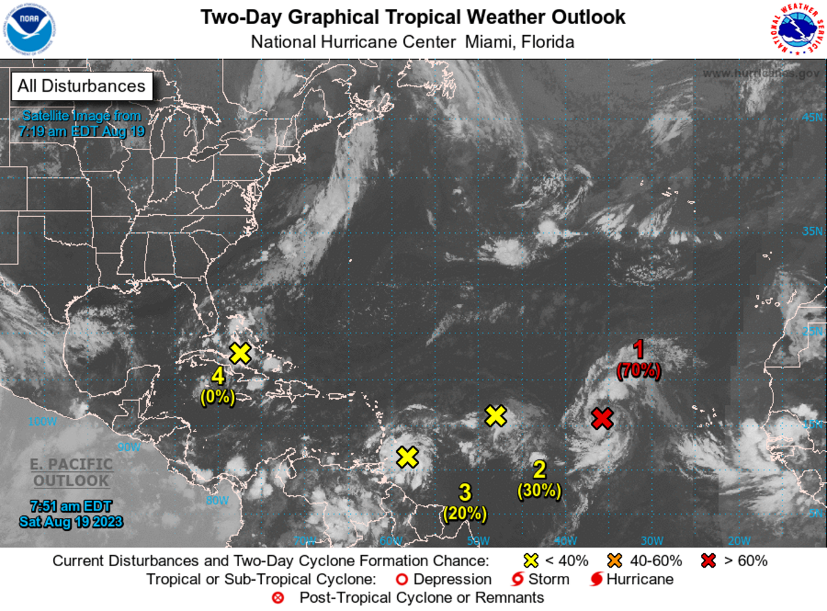 Forecasters were watching four systems in the Atlantic on Saturday with the potential to become tropical storms over the next several days to a week.