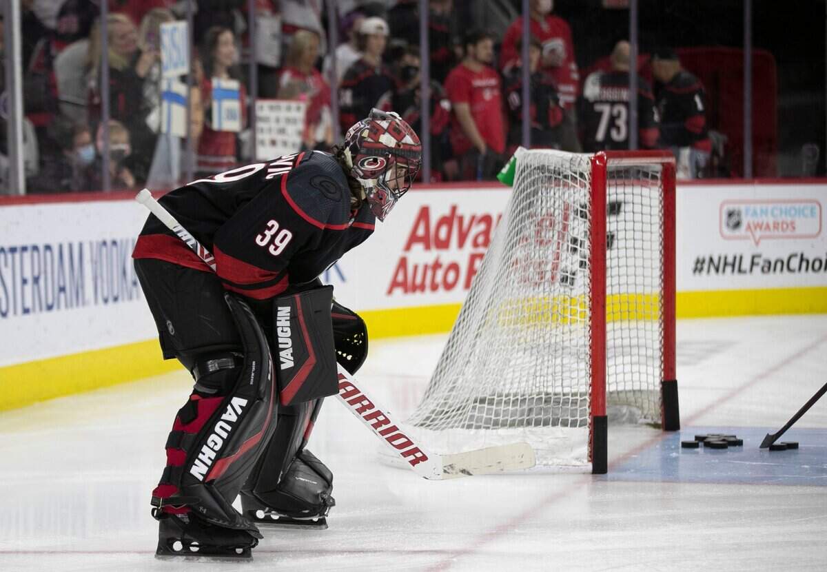 Carolina Hurricanes goalie Alex Nedeljkovic (39) skates during pre-game warm-ups prior to game two of their second round Stanley Cup series on Tuesday, June 1, 2021 at PNC Arena in Raleigh, N.C.