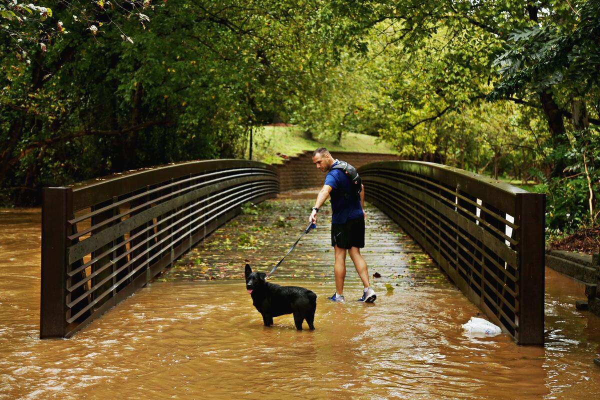 Chris Ladwig takes his dog, Hudson, for a walk on the greenway on Crabtree Creek, Saturday afternoon, Sept. 15, 2018. The creek was already flooding over the greenway and foot bridge as of Saturday afternoon.