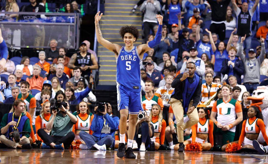 Duke’s Tyrese Proctor (5) celebrates as time expires in Duke’s 85-78 victory over Miami in the semifinals of the ACC Men’s Basketball Tournament in Greensboro, N.C., Friday, March 10, 2023.