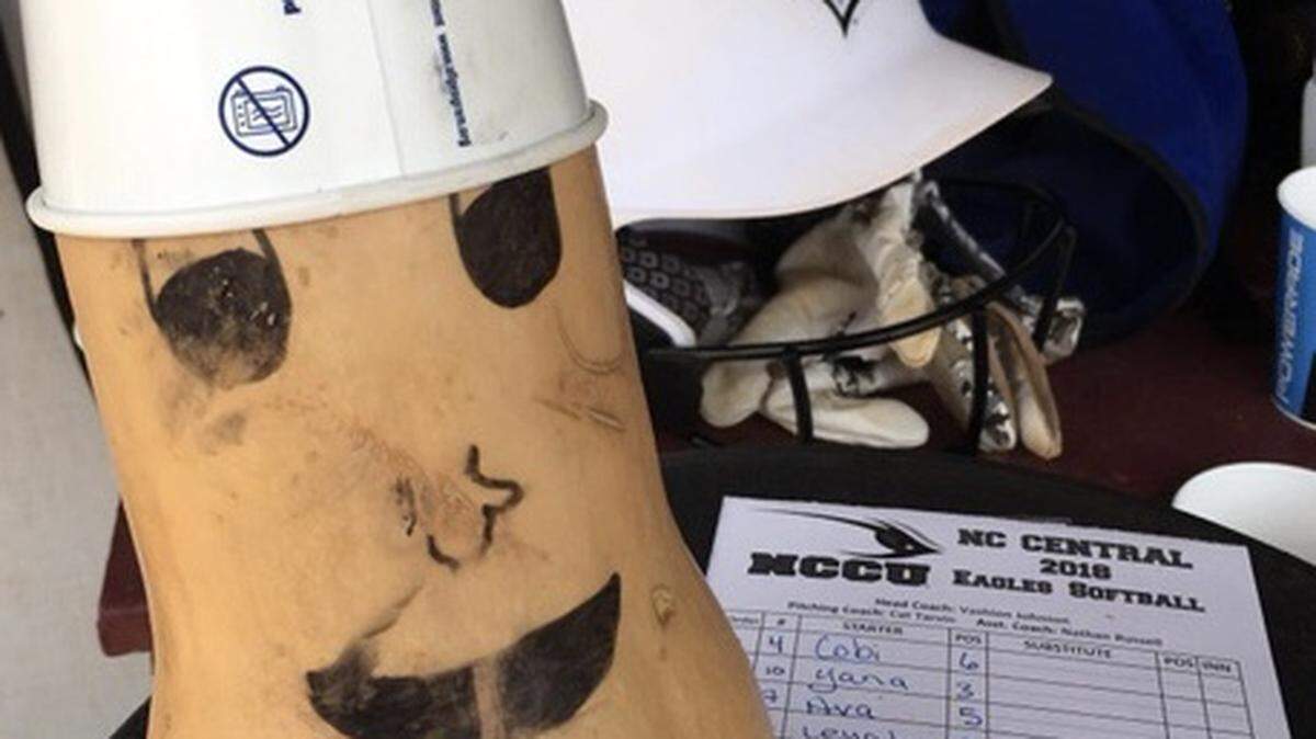 Joe the Squash takes a seat in the North Carolina Central dugout. The Lady Eagles used Joe to bring some energy to the team over the weekend.