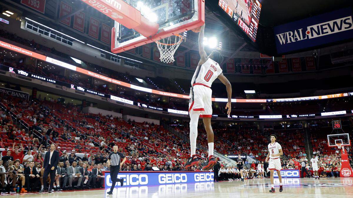 North Carolina State guard Terquavion Smith goes up for an uncontested dunk during the first half of the Wolfpack’s game against Campbell at PNC Arena in Raleigh, N.C. on Friday, Nov. 11, 2022.