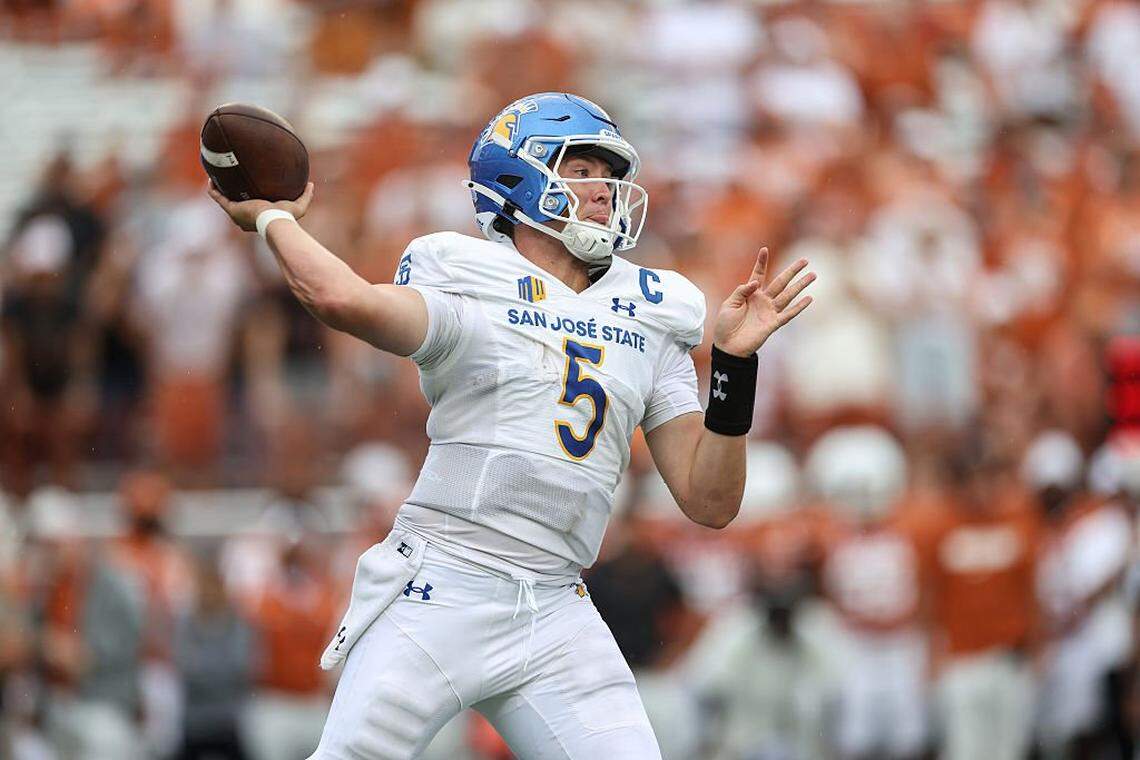 Walker Eget of the San Jose State Spartans throws a pass in the second half against the Texas Longhorns at Darrell K Royal-Texas Memorial Stadium on Sept. 6, 2025 in Austin, Texas.