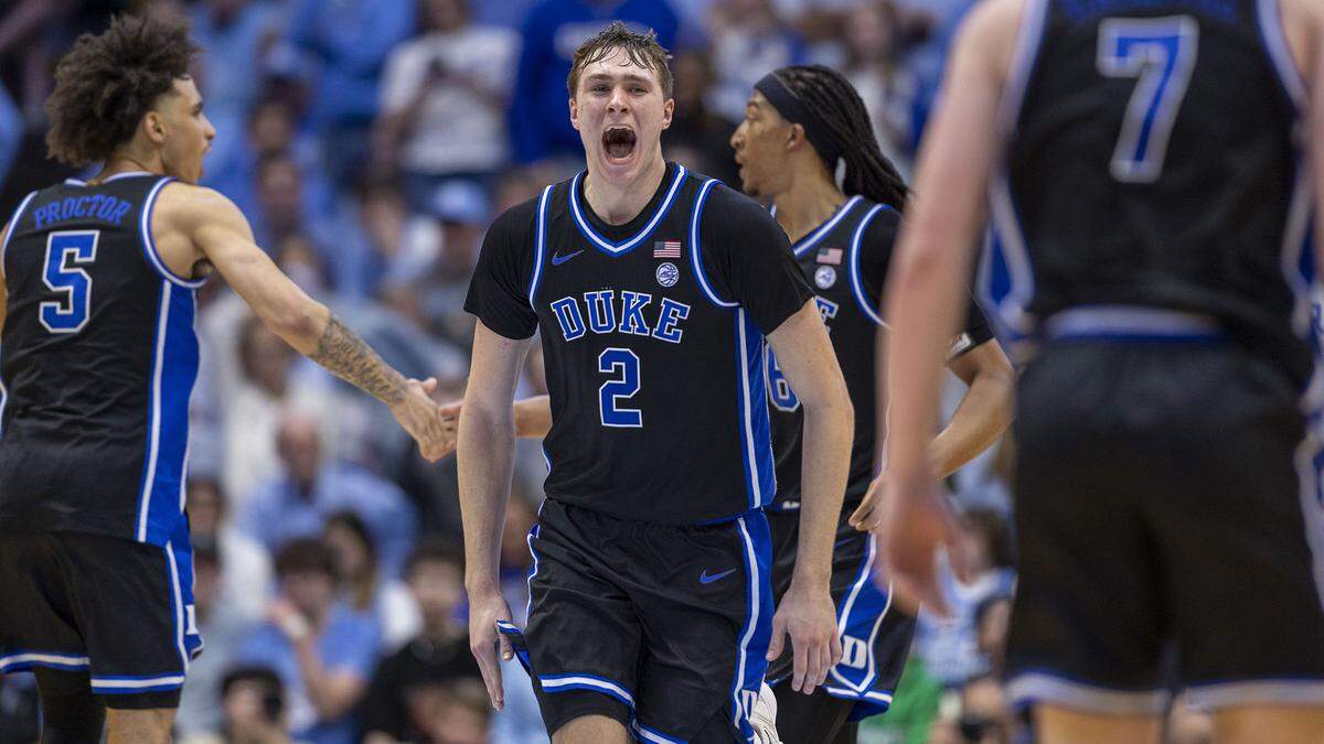 Duke’s Cooper Flagg (2) reacts after a dunk to give the Blue Devils’ an 82-67 lead against North Carolina on Saturday, March 8, 2025 at the Smith Center in Chapel Hill, N.C.