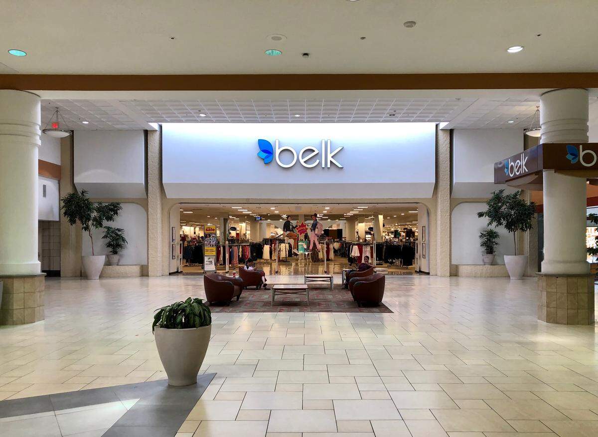 The front of the department store Belk inside Cary Towne Center in Cary, N.C., on July 24.
