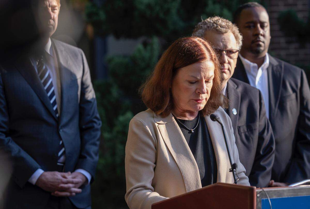 Raleigh Mayor Mary-Ann Baldwin speaks during a press conference Friday, Oct. 14, 2022 outside the Avery C. Upchurch Municipal Complex in Raleigh following a mass shooting that left 5 people dead Thursday in Raleigh’s Hedingham neighborhood.