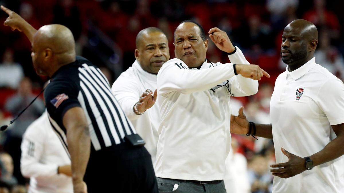 N.C. State head coach Kevin Keatts reacts after being ejected during the first half of the Wolfpack’s game against Wake Forest at PNC Arena on Tuesday, Jan. 16, 2024, in Raleigh, N.C.