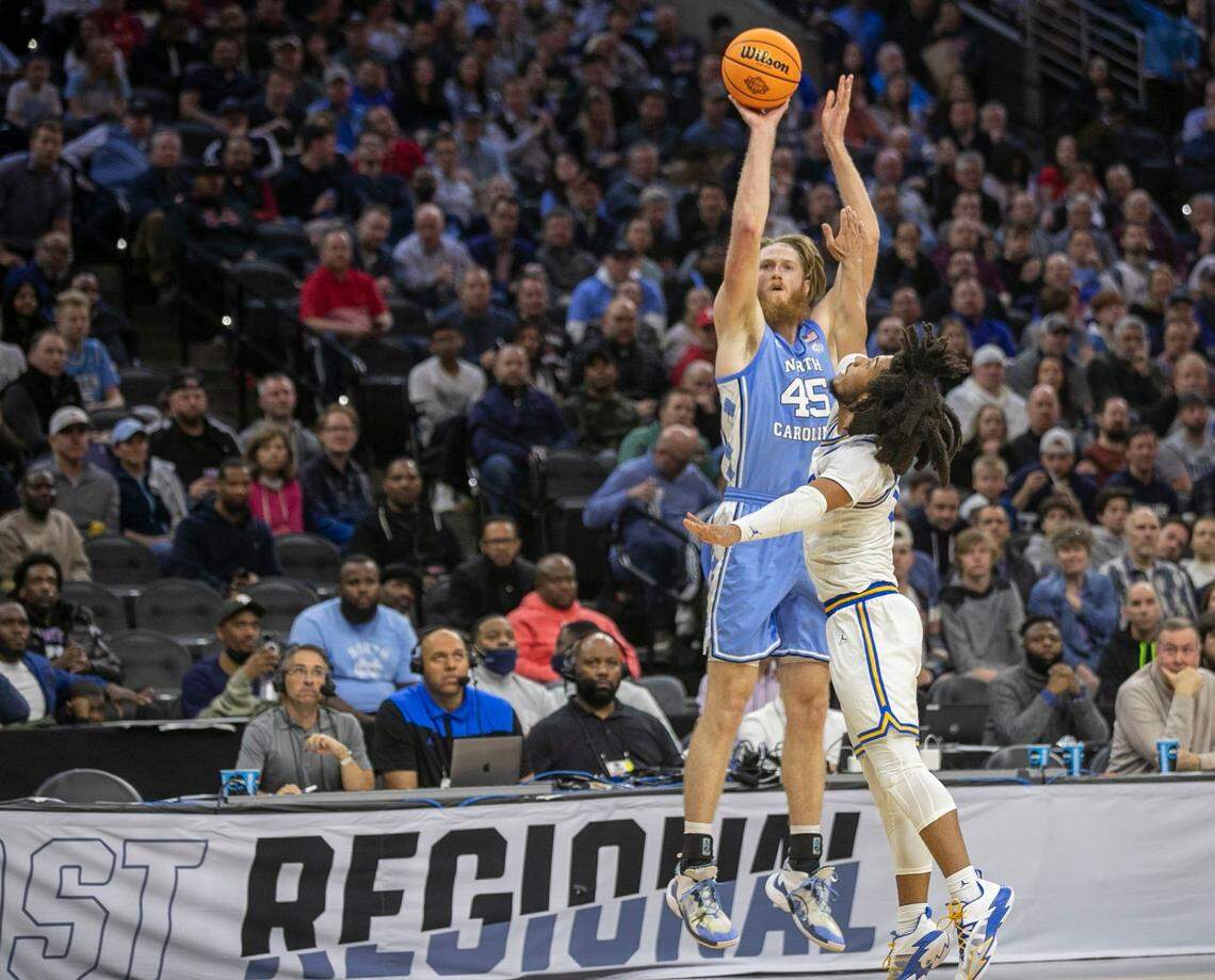North Carolina’s Brady Manek (45) shoots over UCLAÕs Tyger Campbell (10) during the first half on Friday, March 25, 2022 during the NCAA East Regional semi-final at Wells Fargo Center in Philadelphia, Pa.