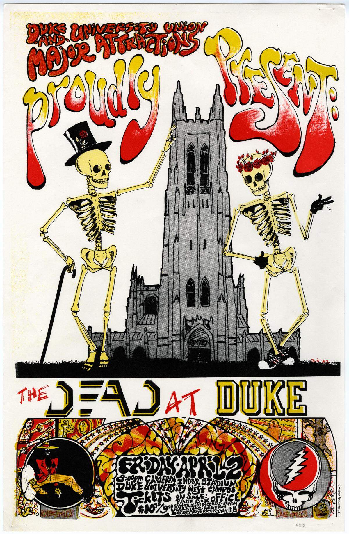 Poster for Duke University Union Major Attractions Committee concert by the Grateful Dead, April 2, 1982. Poster by Toso[sp?], 82