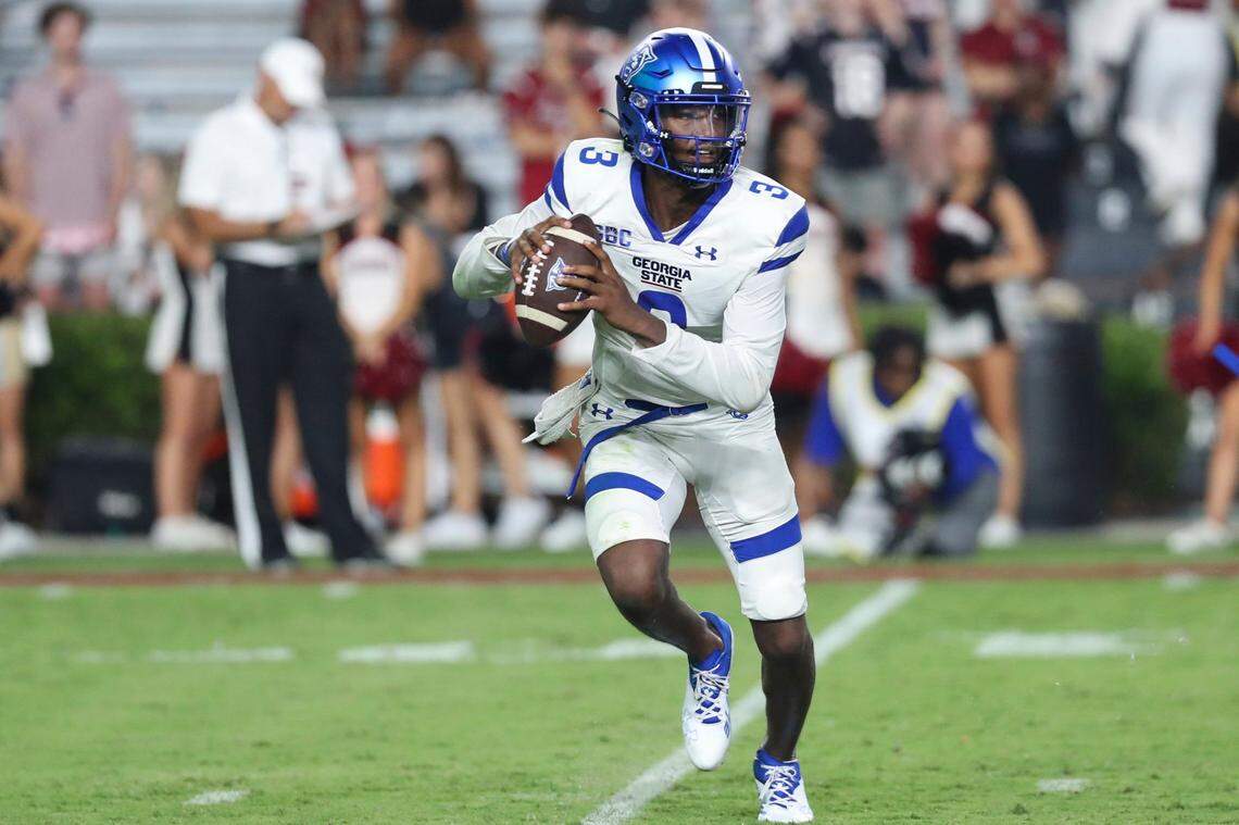 Georgia State quarterback Darren Grainger (3) rolls out to pass during the team’s NCAA college football game against South Carolina on Saturday, Sept. 3, 2022 in Columbia, S.C.. (AP Photo/Artie Walker Jr.)