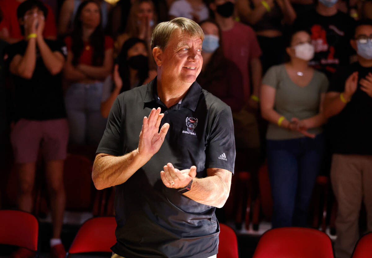 N.C. State coach Wes Moore watches the activities during Primetime with the Pack at Reynolds Coliseum in Raleigh, N.C., Thursday, October 14, 2021.