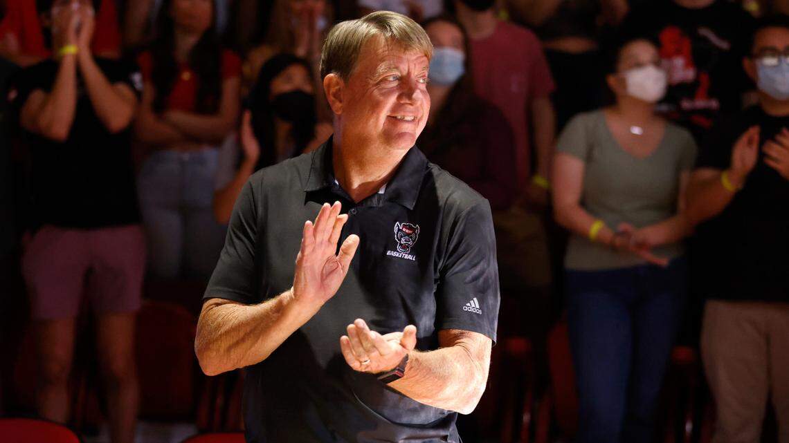 N.C. State coach Wes Moore watches the activities during Primetime with the Pack at Reynolds Coliseum in Raleigh, N.C., Thursday, October 14, 2021.