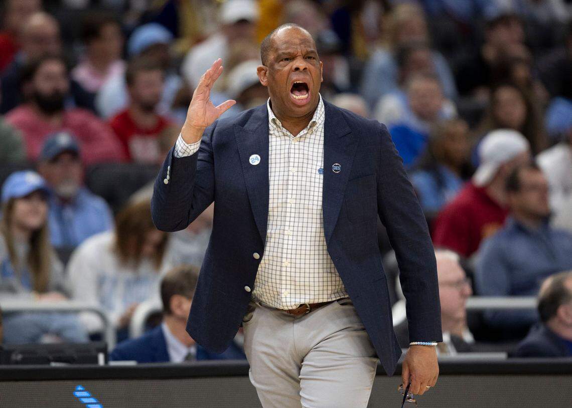 North Carolina coach Hubert Davis reacts as Ole Miss opens a lead over the Tar Heels in the first half during the first round of the NCAA Tournament t on Friday, March 21, 2025 at Fiserv Forum in Milwaukee, Wisconsin.