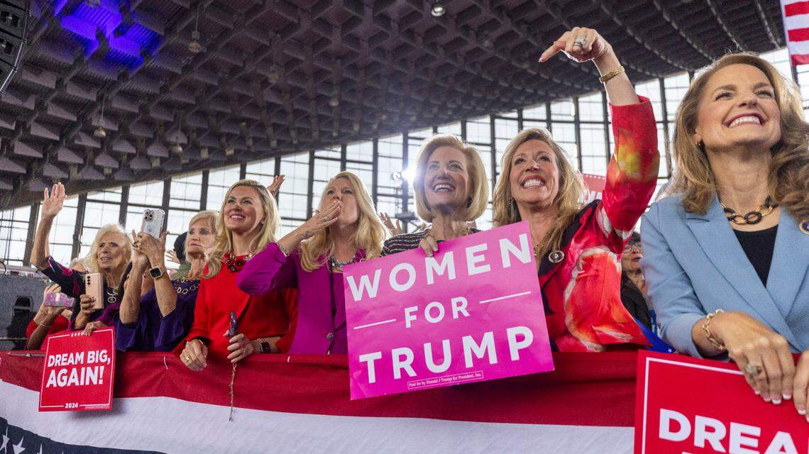 Supporters cheer as Republican presidential nominee and former President Donald Trump speaks during a rally at Dorton Arena in Raleigh on Monday, Nov. 4, 2024, one day before Election Day.