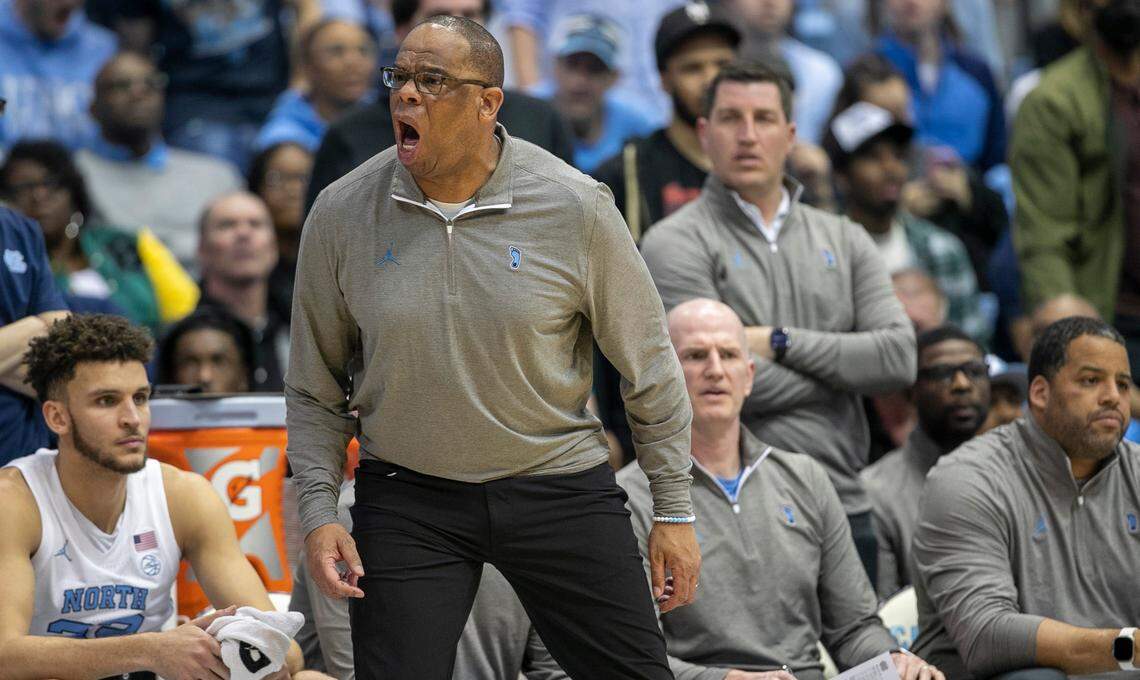 North Carolina coach Hubert Davis yells directions to his players in the second half against Miami on Monday, February 13, 2023 at the Smith Center in Chapel Hill, N.C.
