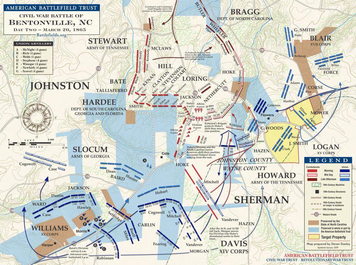 A map showing the troop movements on the second day of the Battle of Bentonville in March 1865. The land in yellow in the right-hand corner was recently purchased by the American Battlefield Trust, which has now protected more than 2,000 acres at Bentonville.