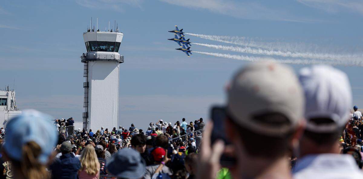 The Blue Angels perform during the MCAS Cherry Point Air Show in Havelock, N.C., Sunday, May 10, 2026. Thousands attended the two day event which featured the Blue Angels, F-35 Lightning II, the F-16 Viper, the AV-8B Harrier and many other performers.