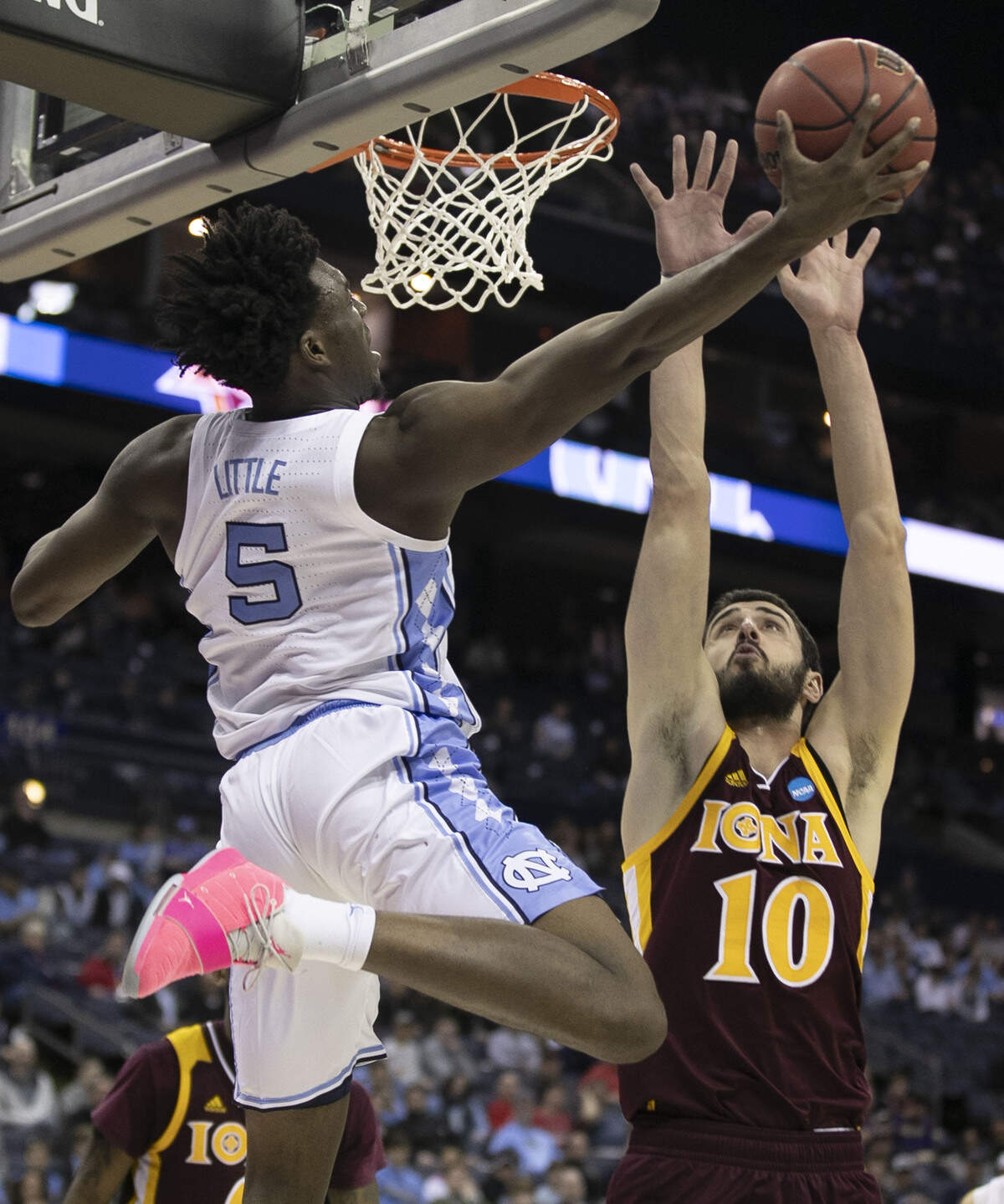 North Carolina’s Nassir Little (5) puts up a shot over Iona’s Andrija Ristanovic (10) during the first half on Friday, March 22, 2019 at Nationwide Arena in Columbus, Ohio. Little scored eight points in the first h