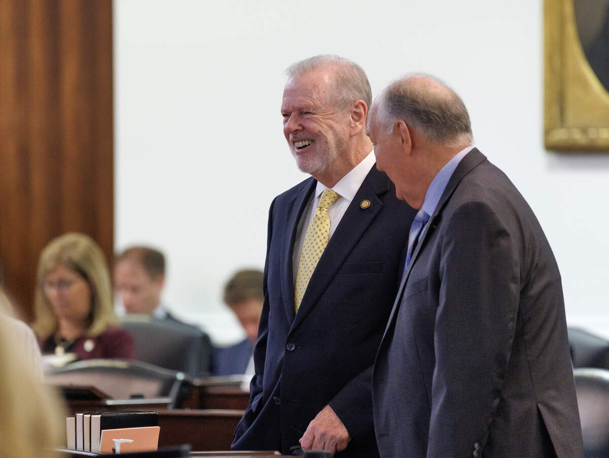 Senate President Pro Tempore Phil Berger speaks with Sen. Brent Jackson prior to the N.C. Senate session on Wednesday, July 1, 2026, at the Legislative Building in Raleigh, N.C.