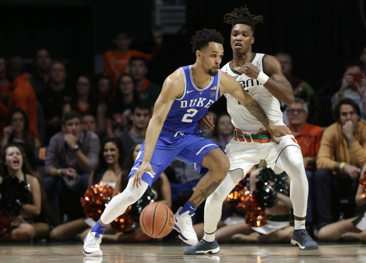Miami's Lonnie Walker IV, right, guards Duke's Gary Trent Jr. last season.