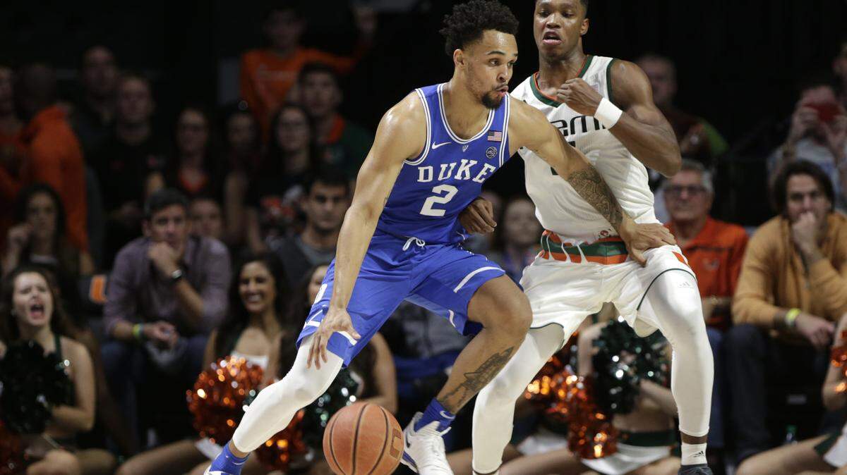 Miami's Lonnie Walker IV, right, guards Duke's Gary Trent Jr. last season.
